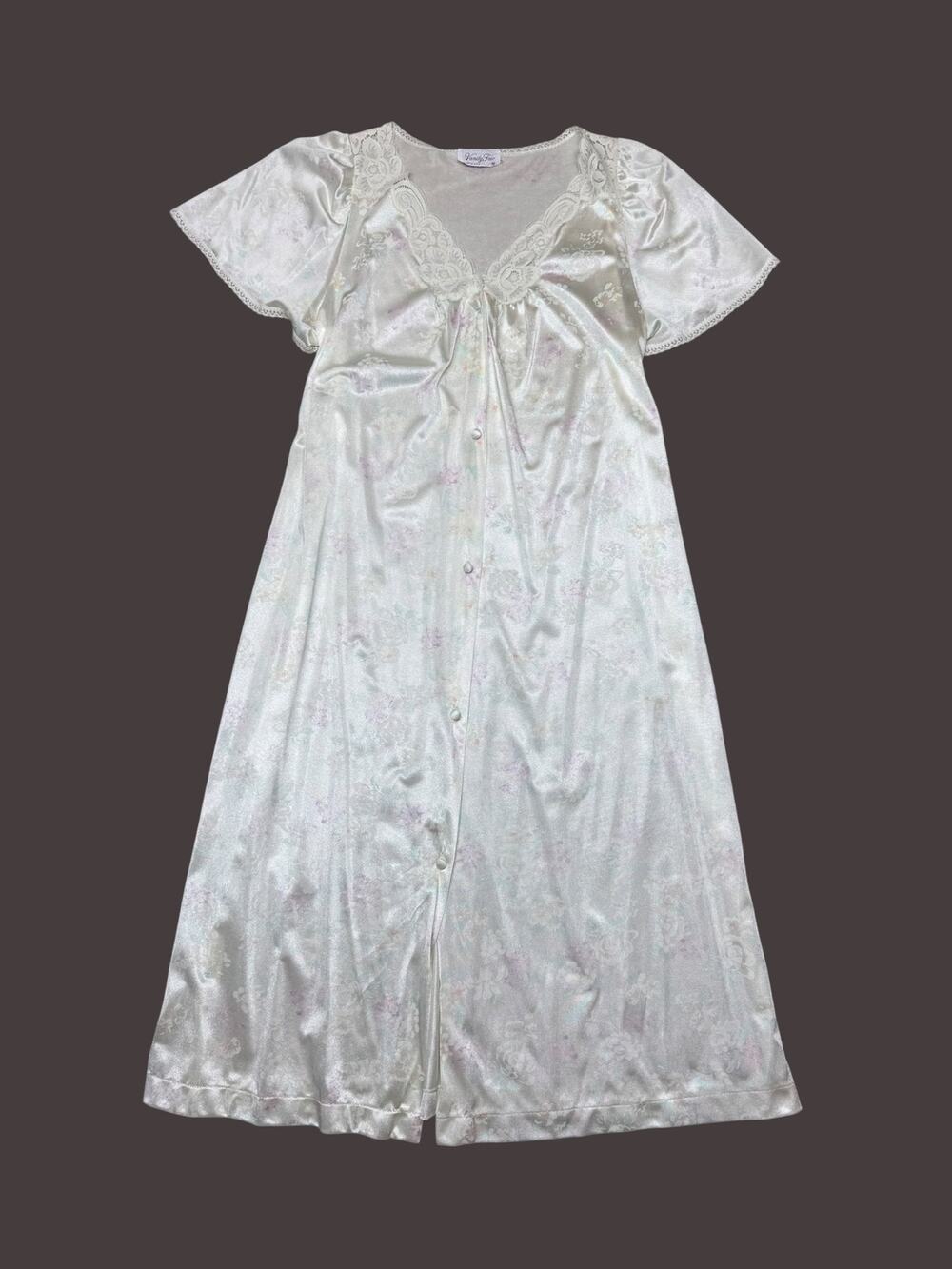 Vintage Vanity Fair Cream Floral Lace Button Front Nightgown Medium